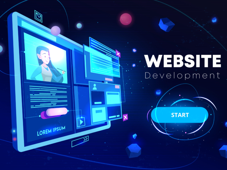 Website development banner, computer technology, monitor with open browser page and woman profile on screen, futuristic background in neon glowing colors. Cartoon vector illustration, landing page